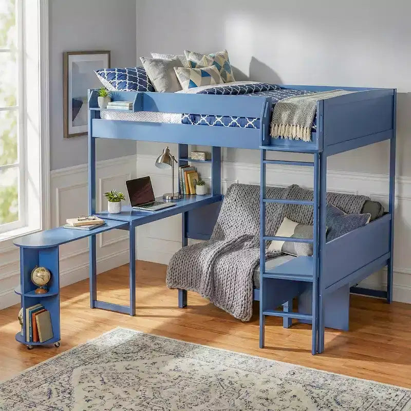 Letto a soppalco matrimoniale in legno con scrivania, mensola portaoggetti, divano convertibile e luce LED