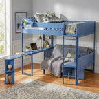 Letto a soppalco matrimoniale in legno con scrivania, mensola portaoggetti, divano convertibile e luce LED