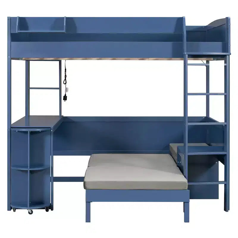 Full Size Wood Loft Bed with Desk, Storage Shelf, Convertible Sofa and LED Light