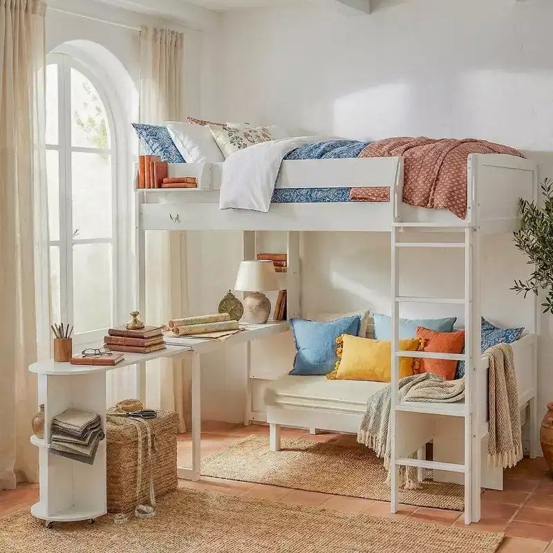 Full Size Wood Loft Bed with Desk, Storage Shelf, Convertible Sofa and LED Light