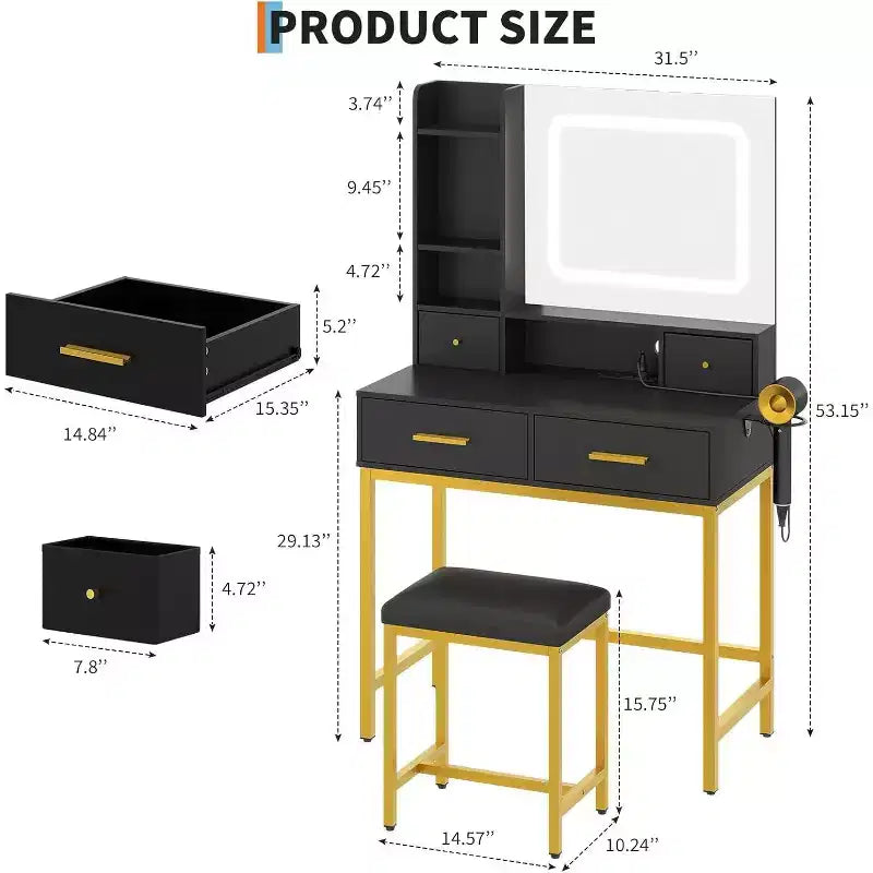 LED Vanity Desk with Mirror, Drawers and Storage Shelves