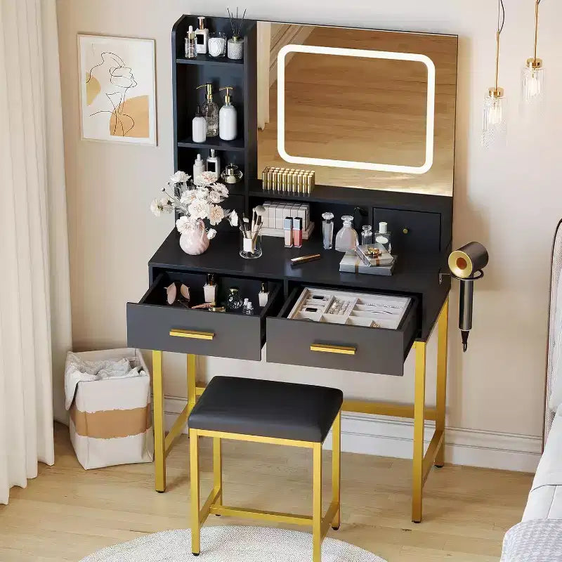 Scrivania da trucco a LED con specchio, cassetti e ripiani portaoggetti