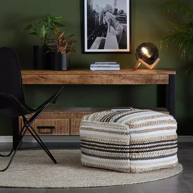 Square Pouf Ottoman – Beige & Grayscale, Removable Cover