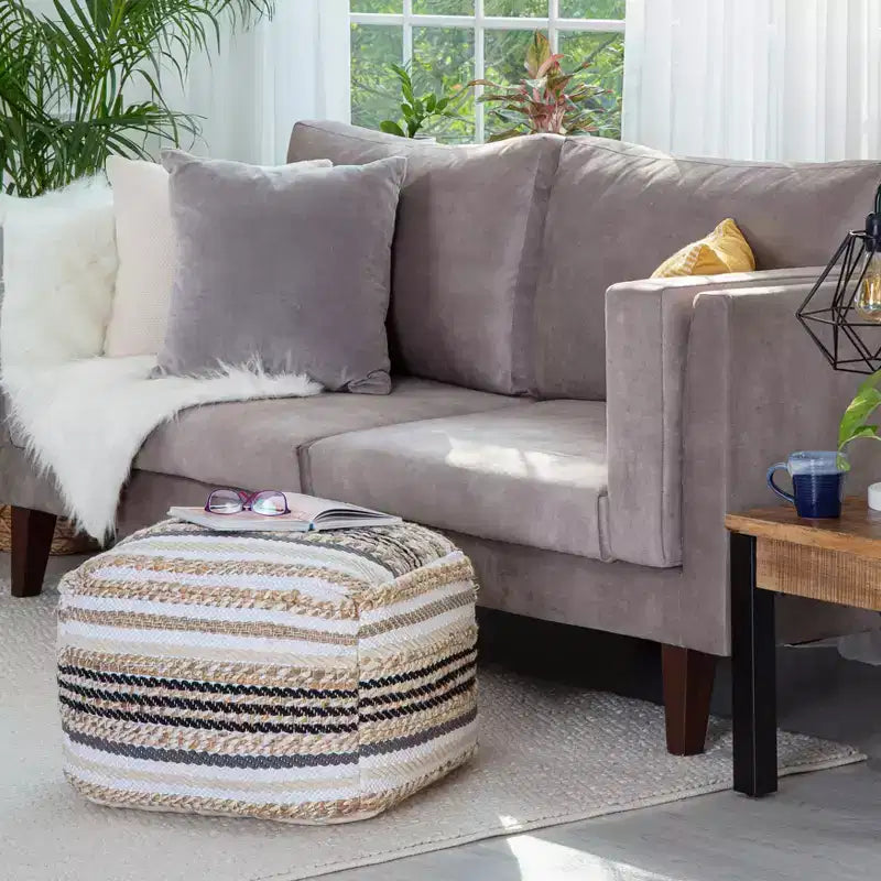 Pouf ottomano quadrato – Beige e Scala di grigi, Fodera rimovibile