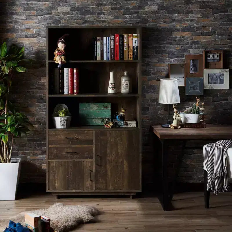 69.8" Bookcase with Cabinet and Drawers – Reclaimed Oak Finish