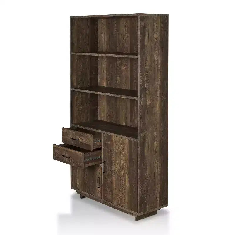 69.8" Bookcase with Cabinet and Drawers – Reclaimed Oak Finish