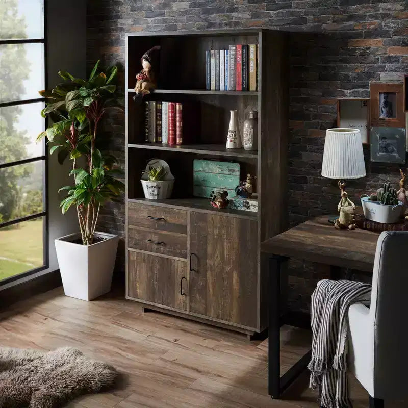 Libreria da 177,3 cm con armadietto e cassetti – Finitura in rovere rigenerato