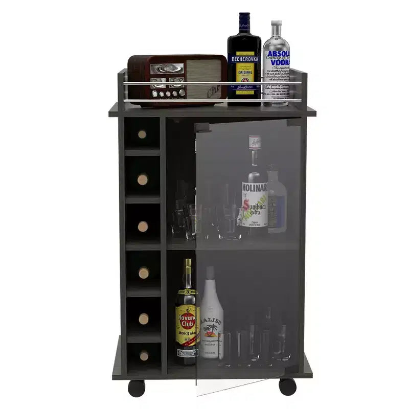 Carrello portatile mobile bar con anta in vetro, 4 ruote, 2 ripiani e 6 scomparti
