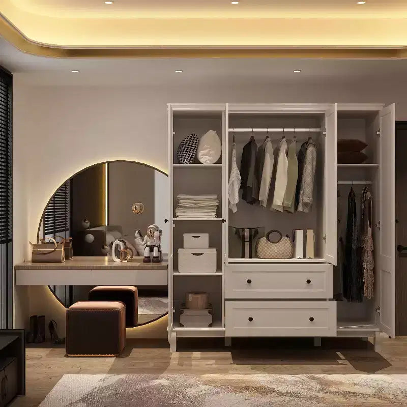 White Freestanding Wood Armoire With Drawers and Hanging Rods