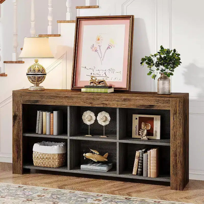 63-Inch Wooden Console Table with 6 Storage Cubes