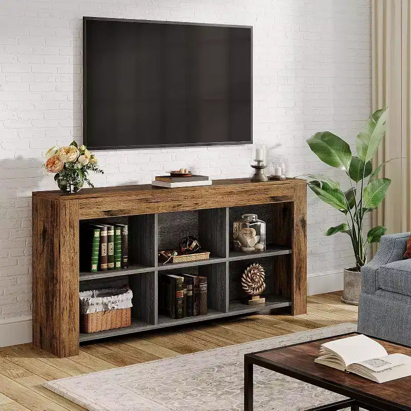 63-Inch Wooden Console Table with 6 Storage Cubes