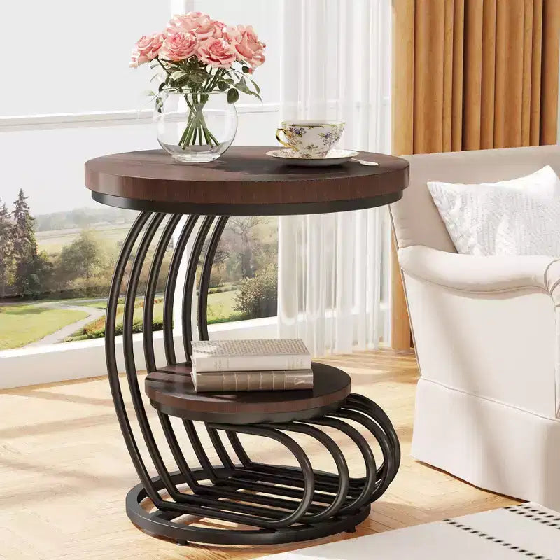 2-Tier Round End Table with Storage Shelf