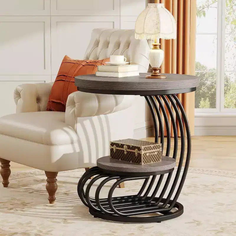 2-Tier Round End Table with Storage Shelf
